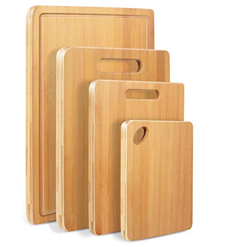 MASTERTOP Bamboo Cutting Board Sets for Kitchen, 4pcs Wood Chopping Boards for Meat/Cheese/Vegetables, Juice Groove, Large Butcher Block, Grip Handles, Serving Tray, Knife, Cut Resistant Gloves