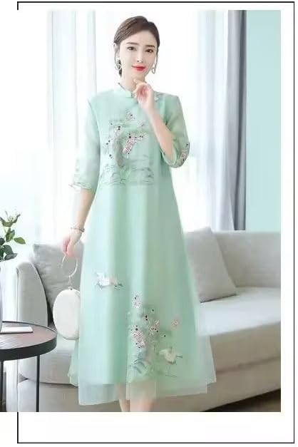 中国チャイナドレス夏刺繍ロングドレス国家スタンドカラー半袖女性ルーズ袍