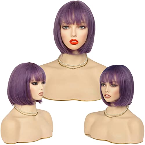 12 Inch Short Bob Wigs with Bangs, Straight Bob Wigs for Women, Synthetic Short Bob Wigs Heat Resistant Fiber Wigs for Daily Party Cosplay (Purple)