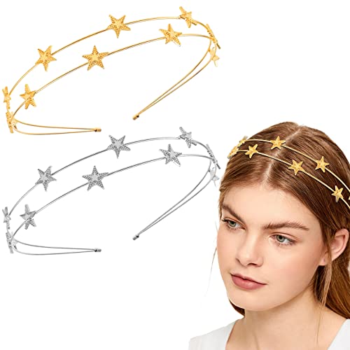 Aswewamt 2 Pcs Alloy Five-Pointed Star Headbands Rhinestone Headband Bridal Hair Hoop Wedding Hair Accessories Ornaments For Elegant Women Girls (Silver & Gold) #TOP7