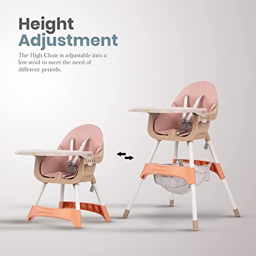 Image of Baybee 2 in 1 Manta Baby High Chair for Kids, Baby Chair with 2 Height Adjustable, Baby Feeding Chair with Tray, Safety Belt & Basket, Kids High Chair for Baby 6 Months to 4 Years Boys Girls (Pink)