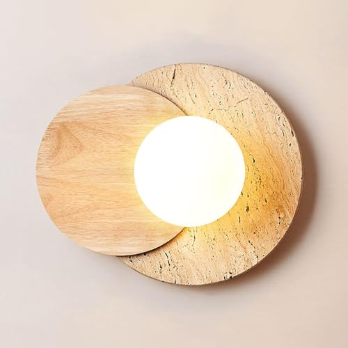 DUANWEN Lámpara De Pared Para Interiores Aplique De Pared Vintage Japonés Wabi Sabi De Travertino Amarillo Con Pantalla De Vidrio, Iluminación De Pared De Piedra Natural Para Mesita De Noche,