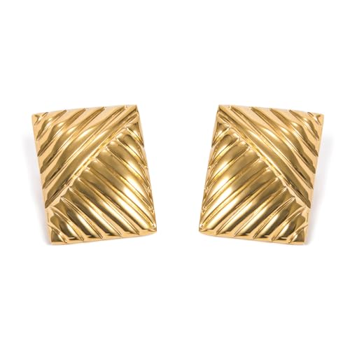 Dainty Chunky Textured Rectangle18K Gold Plated Statement Big Stud Earrings for Women Vintage Trendy Stainless Steel Hypoallergenic Geometric Stripe Unique Design Studs Fashion Jewelry Gift