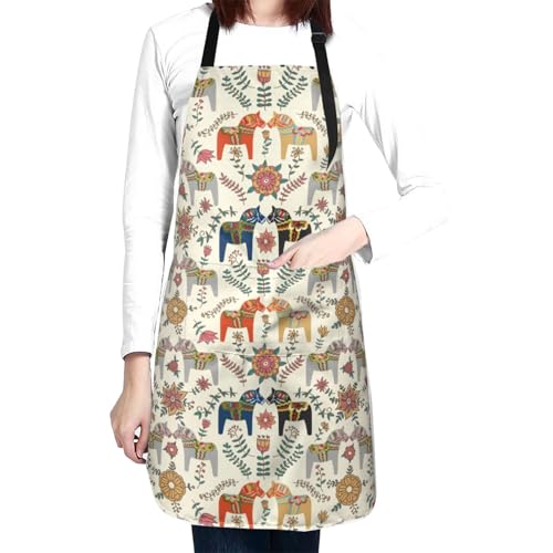 Yomko Floral Flower Swedish Dala Horses Apron For Women Men Waterproof Bbq Chef Kitchen Cooking Apron With 2 Pockets Gifts For Mom Wife Dad