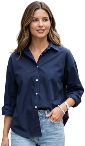 Urbano Fashion Women's Navy Cotton Full Sleeve Oversized Fit Casual Solid Slub Shirt with Spread Collar (womshirtsolovsslb-04-navy-m)