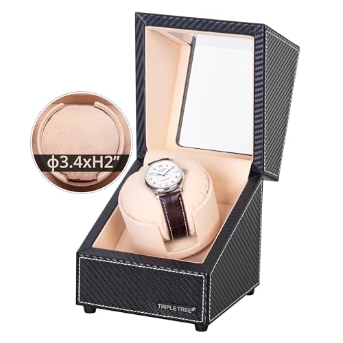 TRIPLE TREE Single Watch Winder for Automatic Watches, with Super Quiet Japanese Motor, 4 Rotation Mode Setting, Flexible Plush Pillow, Fit Lady and Man Watches, Carbon Fibre