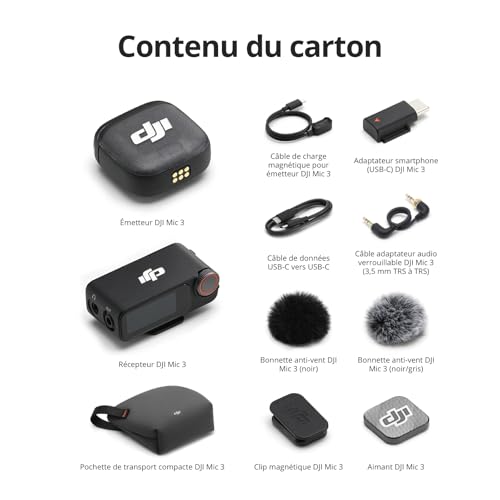 DJI Mic 3 (1 TX + 1 RX), Microphone Cravate sans Fil pour iPhone/caméra/Android, ultraléger, durée de Fonctionnement prolongée et Charge Rapide, Transmission de 400 m