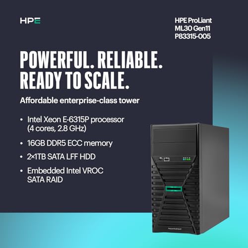Hewlett Packard Enterprise ProLiant ML30 Gen11 Tower Server w/one Inte Xeon 6315P Processor, 2.8GHz, 4c 1P 1x16GB-U 4LFF-NHP 2x1TB HDD 1x350W PS (HPE Smart Choice P83315-005) by Hewlett Packard Enterprise - Image 3