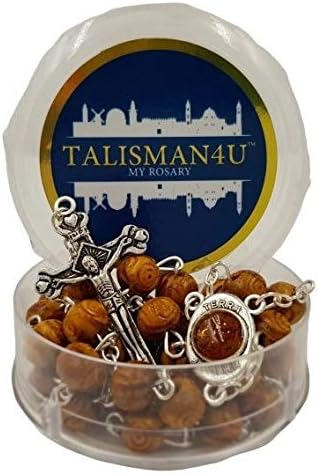 Miniatura 4 de COLLAR ROSARIO CATóLICO BENDITO, cuentas talladas en madera de olivo con suelo de Jerusalén y cruz en caja de regalo
