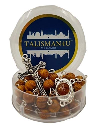 TALISMAN4U Colar católico rosário, contas esculpidas em madeira de oliveira com solo de Jerusalém e