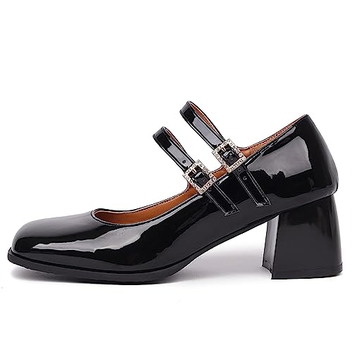 Joi4mis Mary Jane Shoes Women Chunky Heel Buckle Strap Rhinestones Low Block Heels Close Square Toe Mary Jane Pumps Dress Shoes2