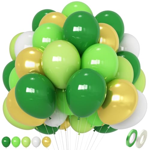 Green and Gold Balloons, 60 pcs 12 inch Different Shades Green and Metallic Gold Balloons, Helium Latex Balloon Set for Jungle Safari Birthday Graduation Wedding St. Patrick’s Day Party Decoration
