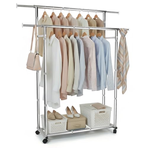 MAXALANCE Perchero de acero inoxidable móvil extensible ajustable, doble barra de metal con estante de almacenamiento, barra de ropa para dormitorio, color plateado, 165 x 40 x (104 149) cm