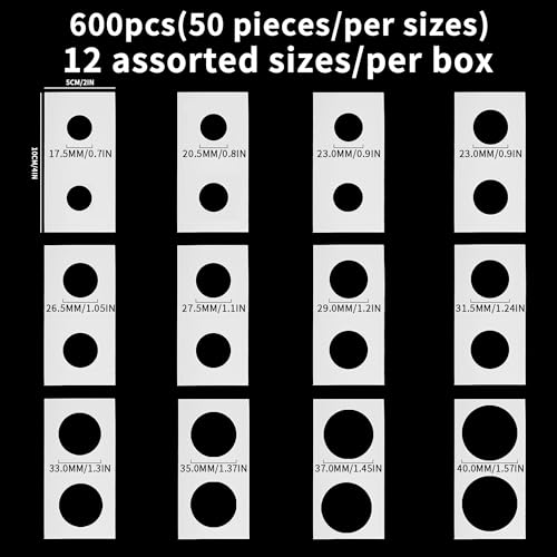 600PCS Coin Flips in 12 Sizes Cardboard Coins Holders 2x2 inch Pockets Coin Collection Supplies Album Display Coin Book for Dollars, Penny, Quarter, Nickels FC01MX12 - Thumbnail 2