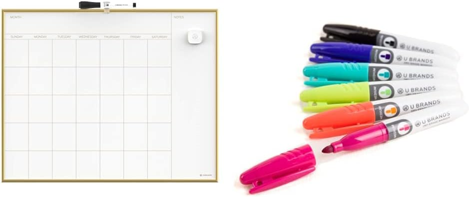 U Brands Magnetic Monthly Calendar Dry Erase Board, 16 x 20 Inches, Gold Aluminum Frame - 364U00-01 & Low Odor Mini Dry Erase Markers, Medium Point, Assorted Colors, 6-Count