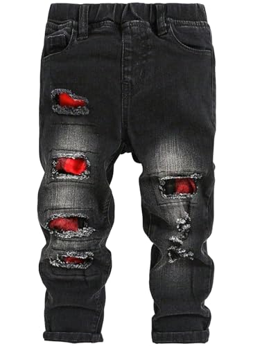 Floerns Calça jeans rasgada de perna reta para meninos com cintura elástica desgastada, Preto, 4 Ano