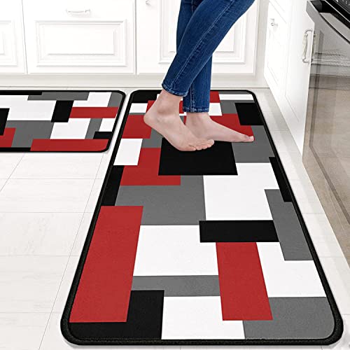 Red Black White Geometric Patterns Kitchen Rugs And Mats Set Of 2,Modern Decoration Style Kitchen Mat Non-Slip Absorbent Mats For Sink Waterproof Runner Rug For Laundry Room 17X24+17X48Inch #TOP1