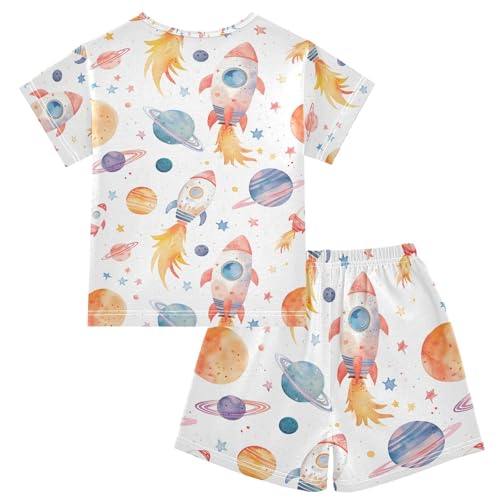 ALAZA Outer Space Solar System Planet Watercolor Pajamas Set Short Sleeve Cotton Sleepwear Summer Pjs 2 Piece 5-14Y2