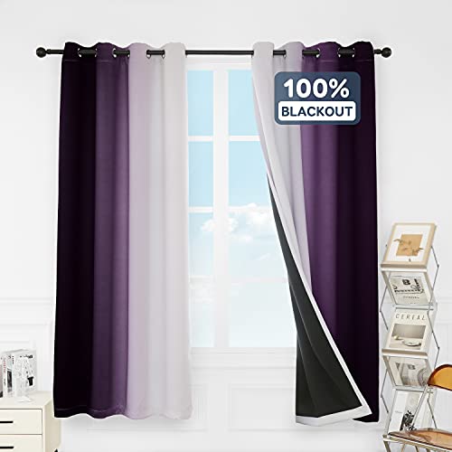 Anjee Full Blackout Curtains For Bedroom, 100% Light Blocking Heavy-Duty Black Lined Noise Reducing Thermal Insulated Grommet Top Full Darkening Drapes 2 Panels, 52 X 84 Inches, Purple #TOP9