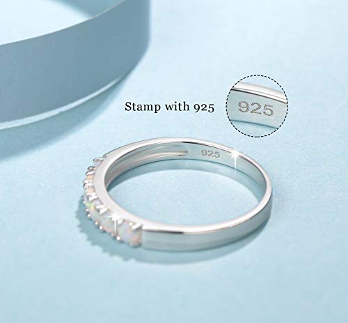 FANCIME Opal Rings Sterling Silver 6 stones Created Fire Opal Ring Engagement Wedding Eternity Band October Birthstone Rings for Women Fine Jewelry for Women Size 5,6,7,8,94