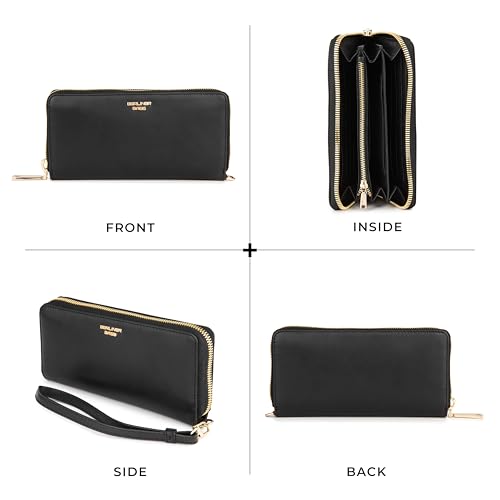 Image of BERLINER BAGS Genuine Leather Zip Wallet Women Lyon, Gift Box - Black /Gold | Soft Leather Zip Around Wallet, Fits up to Phone 6.9 inch, 15 Card Slots, 1 ID Window, 3 Bill Slots, 1 Coin Pocket, RFID Blocking