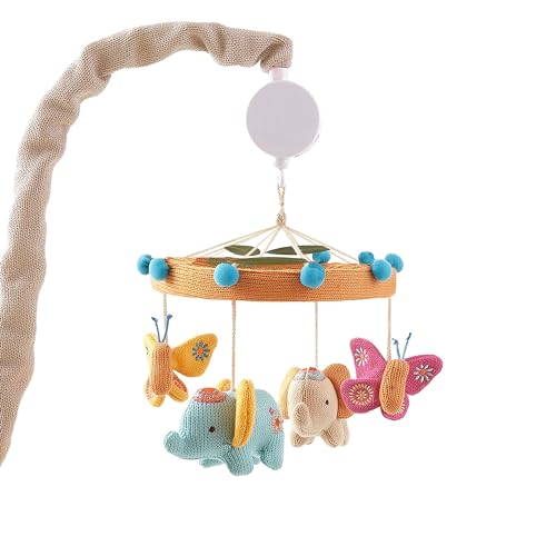 Image of Levtex Baby - Zahara Musical Rotating Baby Crib Mobile - Knit Elephants and Butterflies - Orange, Teal, Yellow, Red, Fuchsia - Nursery Accessories