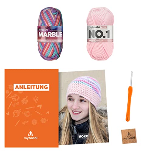 myboshi Noko - Gorro de ganchillo (30% lana de merino, 30% lana merino Twinkle, con aguja e instrucciones), color rosa Cover