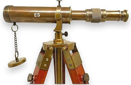 10-Inch Vintage Brass Spyglass Telescope – Nautical Maritime Décor with Adjustable Wooden Tripod Stand for Home Office, Display & Collectors Gift