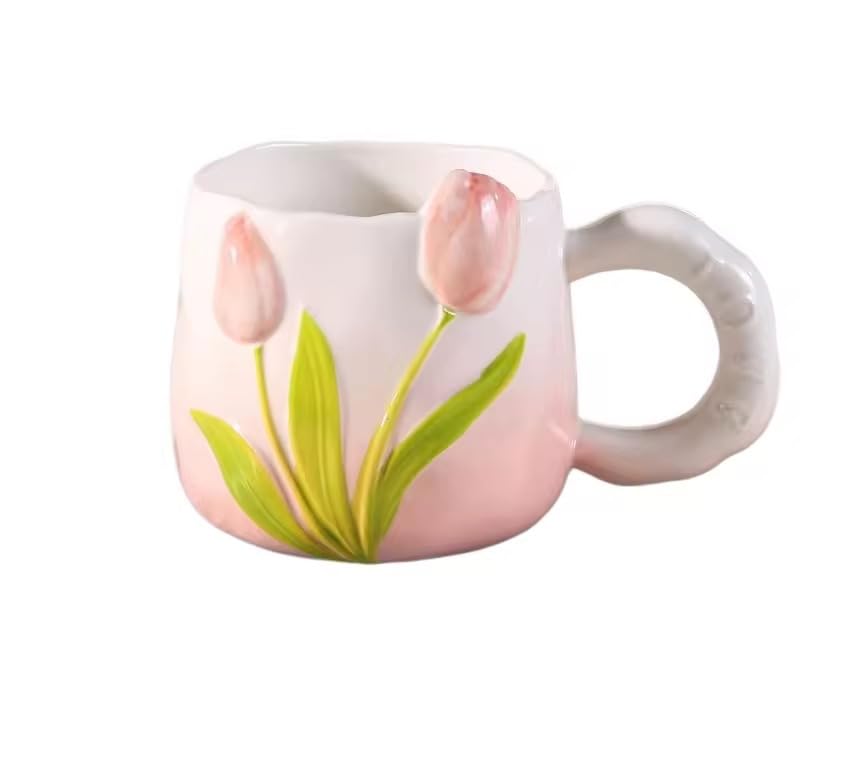 Floral Tulip Ceramic Coffee Mug 400ml | Cute Flower Design Tea Cup with Comfortable Handle | Coffee, Tea, Milk & Juice Mug | Microwave & Dishwasher Safe | Gift for Women, Girls, Kids & Adults