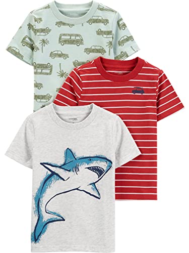 Simple Joys by Carter's Camisas de Manga Corta Niño, Pack de 3, Blanco Tiburón/Rojo Rayas/Verde Claro Coches, 5