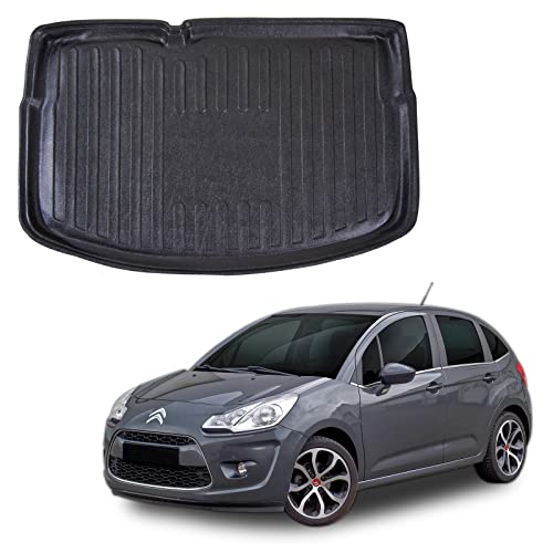 SCOUTT Tapis De Coffre sur Mesure pour Citroen C3 2009-2016 (Version de Base/Roue de Secours épaisse), Noir, Antidérapant, Bord Haut, Toutes Saisons