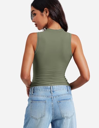Image of YEOREO Women Basic Mock Neck Workout Crop Top Sleeveless Double Lined Tank Tee Slim Fitted Ruched Going Out Camisole