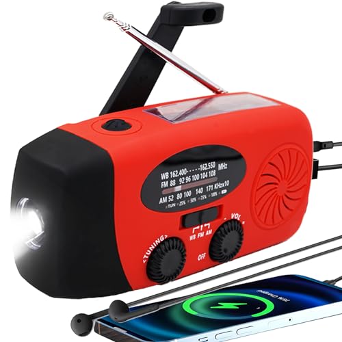Upgraded Emergency Solar Hand Crank Radio with LED Flashlight, Portable Am Fm NOAA Weather Radio, 2000mAh Survival Camping Cell Phone Charger for Home and Outdoor（Red）