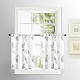 MRTREES Sheer Tier Curtains Floral Printed Linen Textured Kitchen Tiers 24 inch Length Leaves Print Bathroom Small Half Window Treatment 2 Panels Rod Pocket Cafe Curtains Grey Flower Short Curtain