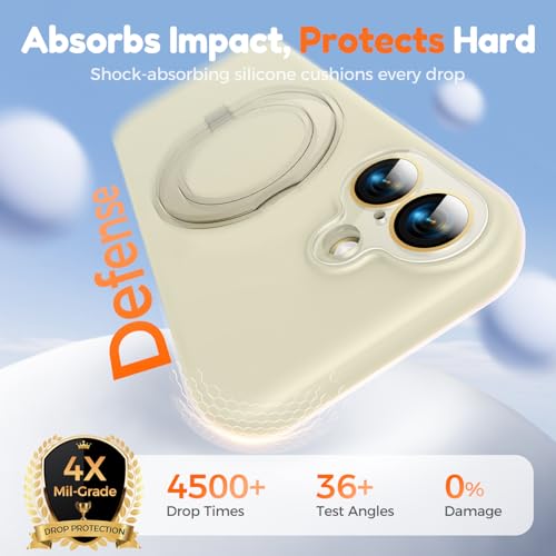 Image of Silicone 360 Spin Magnetic Stand Case for iPhone 17, [Compatible with Mag-Safe][Reinforced Hard Camera Protection]Shockproof Liquid Silicone Rubber Phone Case Cover with Ring, Camera Button, Ivory