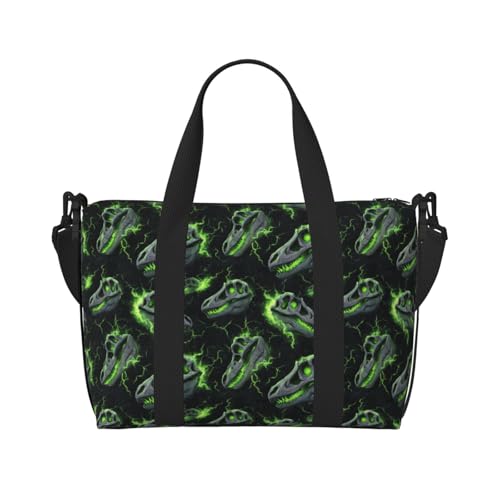 Travel Duffle Bags For Women Men - Green Dinosaur Skulls Print Personal Item Weekender Overnight Gym Carry On Airport Tote Bag With Strap For Yoga, Travel, Business Trips