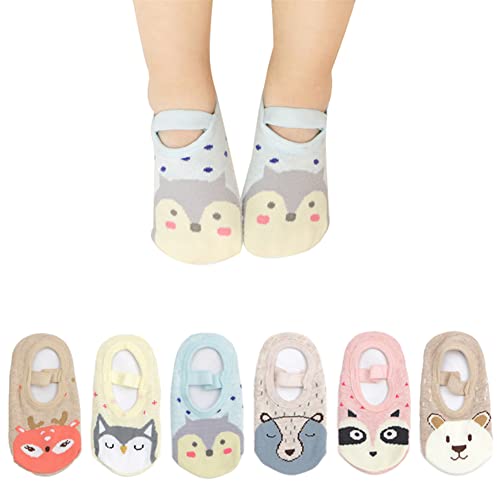 LOOLY 6 Pairs Baby Toddlers Non Slip Ankle Socks with Grips Animal Infant Floor Socks,14-16,6Bear