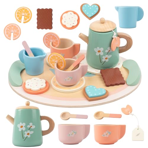 KDSFT Tea Party Set for Little Girls, Wooden Kids Tea Set with Teapot Cups Coasters Carrying Dessert, Picnic Outdoor Toys Pretend Play Kitchen Accessories for 3 4 5 Years Old