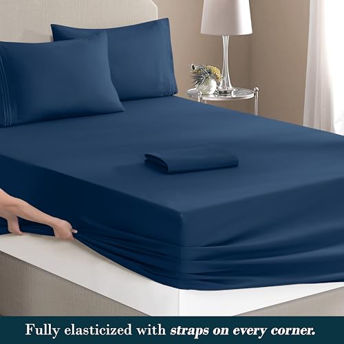 Image of Mocassi Luxury 4-Piece Sheet Set, Ultra Soft 1800 Premium Hotel Quality Microfiber Sheet Set, Fits Mattresses Up to 18 to 24 Inches Extra Deep Pocket - Breathable and Secure Fit, Twin XL, Navy Blue