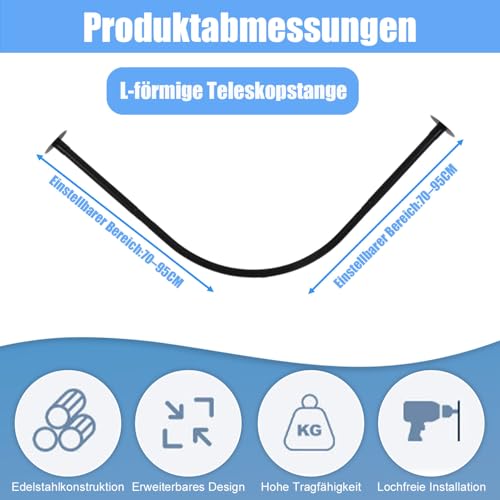 Duschstange L Form Ohne Bohren,70-95CM Edelstahl Einstellbare Duschstange,Wasserdicht Und Rostfrei,Shower Curtain Rod Für Badezimmer und Ankleidezimmer,Umkleideräume,Privatraum,Badewanne(Silber)