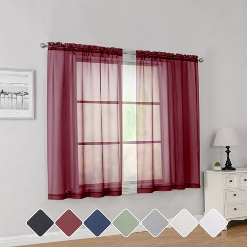 Simplebrand Red Short Sheer Curtains 45 Inch Length for Small Windows, Rod Pocket 2 Panels Set Solid Voile Drapes Window Sheer Curtains for Bedroom Bathroom Kids Room Kitchen, 42x45 Inch, Burgundy