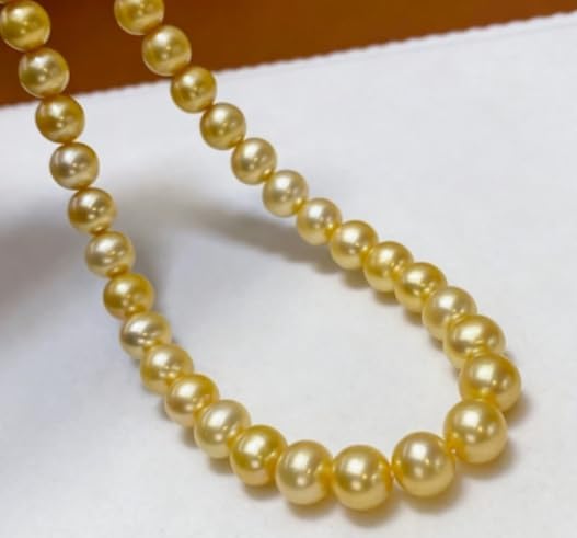 AAA+ 8-9mm Natural South Sea round Golden Pearl Necklace, 18 Inch, 14K Gold