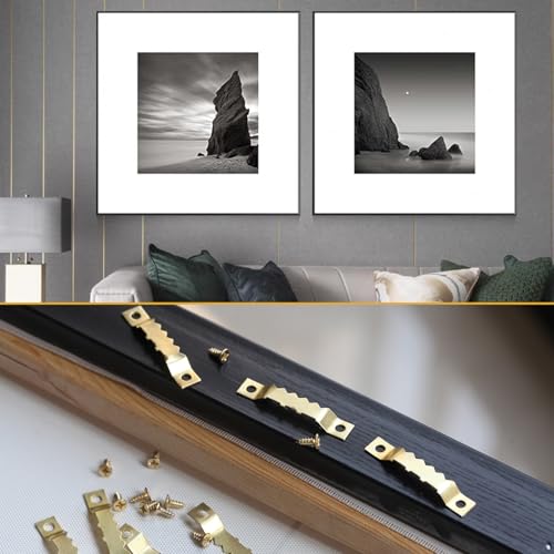 Image of 100 Pack Heavy Duty Sawtooth Picture Hangers with 200 Screws Gold Small Sawtooth Hangers for Picture Frames, Paintings, Artwork, Photos, and Home Decor Gold Sawtooth Picture Frame Hangers