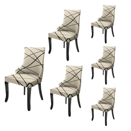 Image of House of Quirk Wingback American Side Chair Slipcover-Accent Chair Cover Slipcover with Arm,Washable Dining Chair with Nailed Trim Protector for Dining Living Room Pack of 6 (Beige Line)