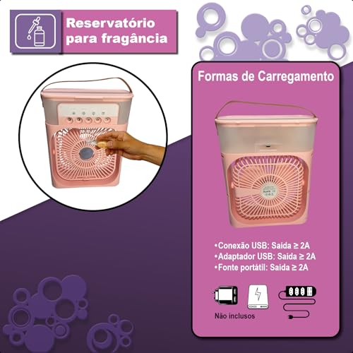 Mini Ventilador Umidificador Portátil USB-C Silencioso Econômico Tanque de Água e Gelo 600ml 3 veloc