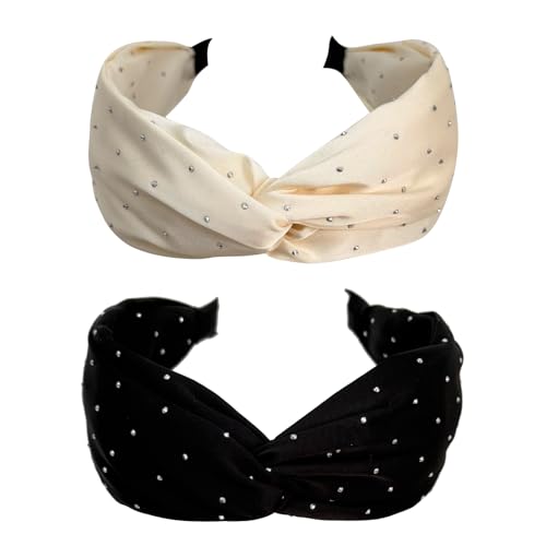 Jseng 2PC Handmade Rhinestone Headband Cloth Cross Knotted Headbands Elastic Hair Hoop Wide Hairband for Women