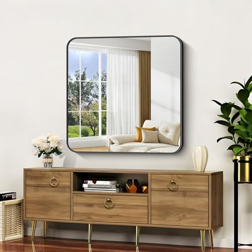 Image of Bathroom Mirror, 36 inchx36 inch Black Square Wall Mirror, Metal Frame Rounded Corner Vanity Mirror, Large Wall Mounted Mirror for Modern Bedroom Living Room Horizontal Or Vertical Mounting