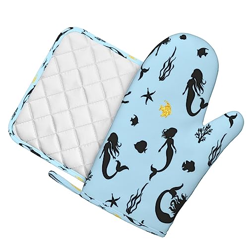 Colored Mermaid Oven Mitts And Pot Holders Heat Resistant 2Pcs Set Bbq Gloves And Pads For Cooking Baking Grilling #TOP1