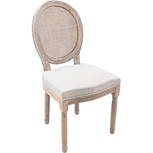 Chairus Farmhouse Dining Chairs Set Of 2, Round Rattan Back French Country Dining Room Chairs Vintage Fabric Upholstered Chair With Rustic Wood Legs, Beige 2 Pcs #TOP5