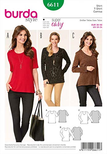 Burda Ladies Easy Sewing Pattern 6611 T Shirts & Long Sleeve Tops #TOP5